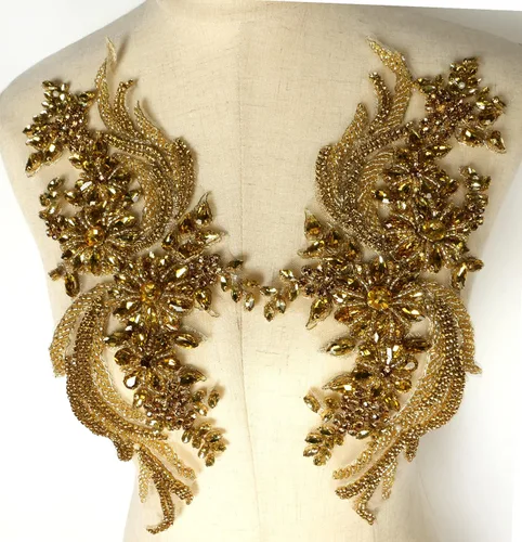 Miniatura 2 de 1 par de diamantes de imitación hechos a mano con apliques para ropa, 14.5 x 4.8 pulgadas, decoración de vestido de novia, apliques de flores Dorado