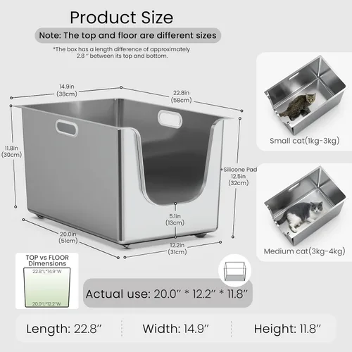 Miniatura 2 de Caja de arena de acero inoxidable con lados altos de 11.8 pulgadas, caja de arena de metal XL para gatos con entrada baja curva, bandeja de arena