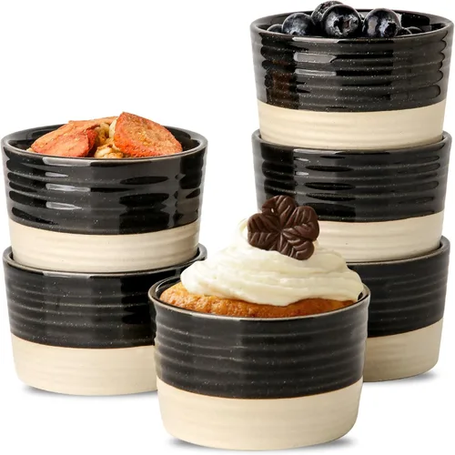 Miniatura 9 de Hasense Juego de 6 moldes de porcelana de 3 onzas, aptos para horno, color negro y gris ceniza, para creme brulee, souffle, inmersión y postres