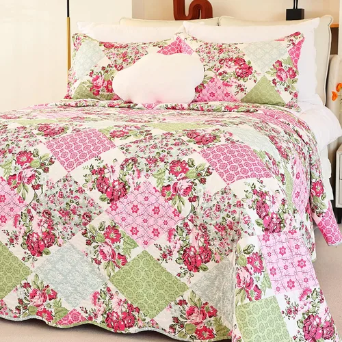 Miniatura 13 de Cmfshape - Juego de edredón de verano floral King acolchado, juego de edredón rosa romántico King, juego de ropa de cama reversible cosido para Rosa