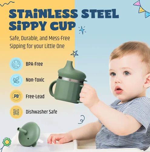 Miniatura 2 de Jumble Dream Vaso de acero inoxidable para niños de 1 a 3 años de edad, vaso de entrenamiento de silicona para niños con pajilla, vaso para niños