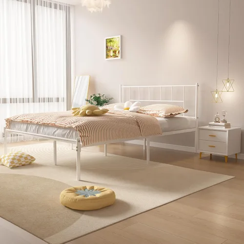 Miniatura 3 de VECELO Marco de cama de plataforma de metal completo con cabecero, soporte de listones de acero resistente, almacenamiento debajo de la cama,