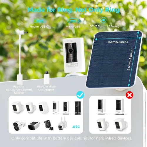 Miniatura 2 de Panel solar de 5 V para cámaras Seucrity, para Bird Feeder Trail Cam, Ring Tapo Eufy Vicohome Eseecloud, nativo USB-C, Micro-USB y DC 0.138 in*