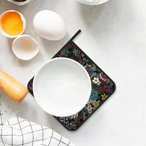 Miniatura 4 de Juego de 2 soportes para ollas, diseño gótico de flores de calavera, resistentes al calor, para barbacoa, cocinar, hornear, comida caliente