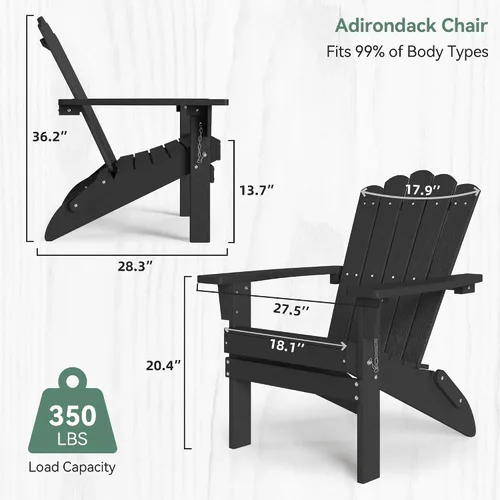 Miniatura 3 de Juego de 2 sillas Adirondack plegables de HDPE, sillas de patio resistentes a la intemperie con reposabrazos anchos y respaldo alto, silla para Negro