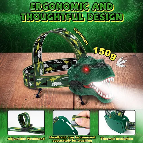 Miniatura 9 de Nitigo Linterna Frontal de Dinosaurio para Niños Linterna Paquete de 2, Linternas Frontales LED Recargables Modo Rugido y Silencioso, Juguetes