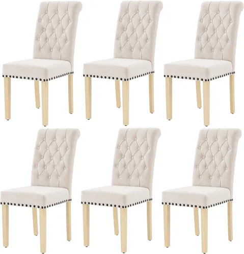 Miniatura 10 de LOULENS Juego de 2 sillas de comedor de tela, modernas sillas Parson tapizadas de lino con ribete de cabezas de clavos, botones acolchados, patas