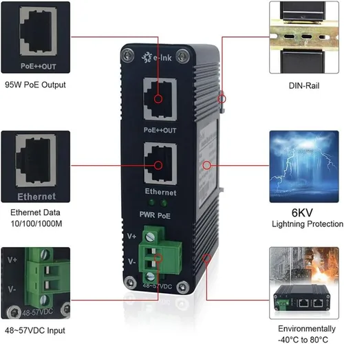 Miniatura 2 de E-link Inyector industrial Gigabit PoE++ 48V DC PoE++ 95W hasta 328.1 ft Salida Montaje en carril DIN endurecido Adaptador PoE de alta potencia