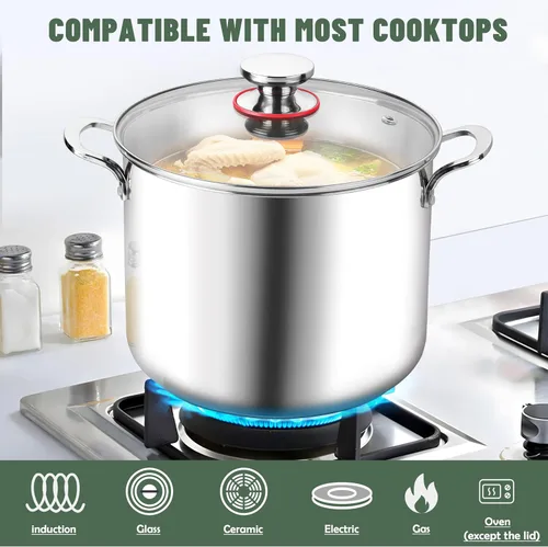 Miniatura 4 de Herogo Olla de acero inoxidable 18/10 de 12 cuartos de galón con tapa, olla grande y resistente compatible con cocinas eléctricas, de gas