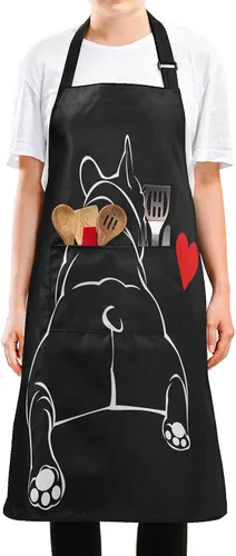 ALAZA Bulldog - Delantal negro para cachorros franceses para hombres y mujeres, chef con bolsillos para cocina, barbacoa, regalos de trabajo, correa
