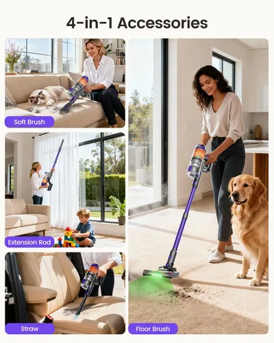 Miniatura 9 de Aspiradora inalámbrica, 500W 40KPa 60 minutos, aspiradoras para el hogar, potente aspiradora de palo con luz verde, aspiradora inalámbrica Morado