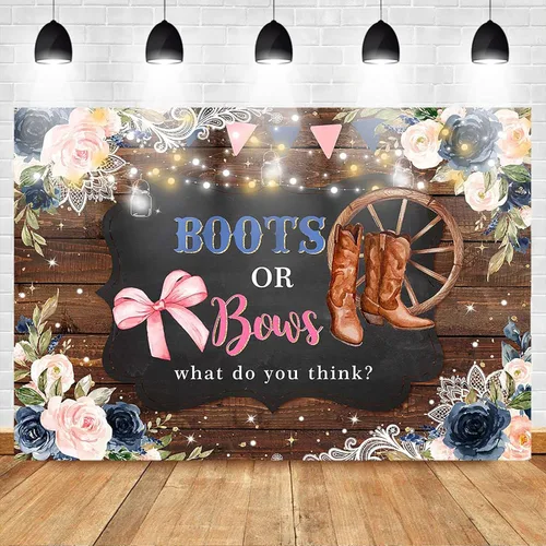 Miniatura 2 de Mocsicka Fondo para revelación de género, botas o lazos, de madera rústica, floral, decoración de fiesta de baby shower, fondo de revelación