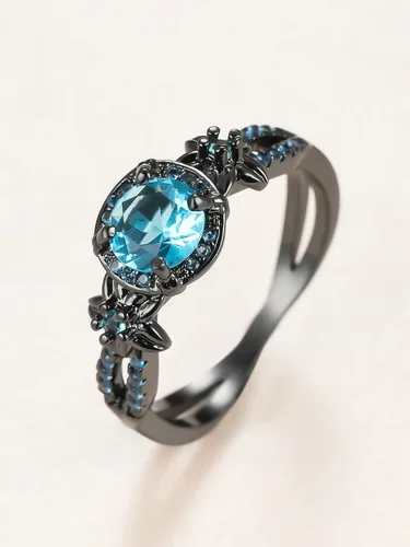 Miniatura 5 de Anillos góticos negros para mujer, topacio arcoíris místico con flor de amatista creada, anillo de compromiso gótico de oro negro, talla 6 a 11