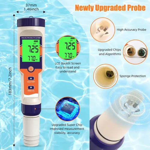 Miniatura 7 de Probador digital de sal de piscina 7 en 1 pH, ORP, salinidad, TDS, EC, medidor de temperatura para piscinas de agua salada, jacuzzis, spas