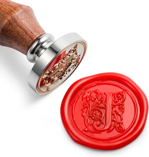 Miniatura 15 de Sello de cera Mceal, sello grande 1 1/5"(30mm) de diámetro, cabeza de latón plateado con mango de madera, serie de letras A a Z de estilo regio
