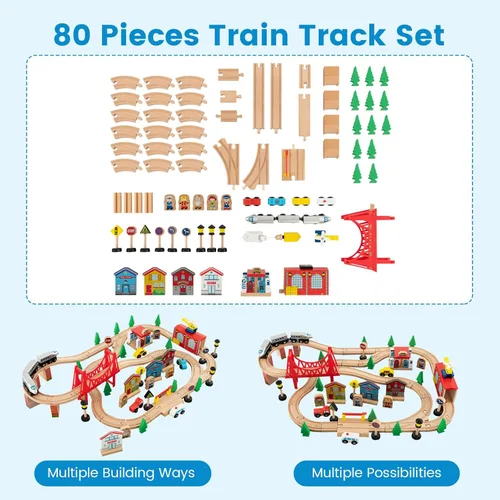 Miniatura 3 de Costzon Mesa de tren, 80 piezas, mesa de actividades de madera para niños con mesa reversible y desmontable, pistas de madera maciza, tren