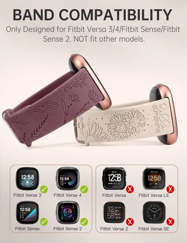 Miniatura 2 de Minyee Paquete de 2 correas grabadas florales compatibles con Fitbit Versa 4/Versa 3/Sense 2/Sense Band para mujer, lindo diseño de girasol