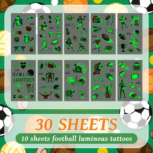 Miniatura 4 de EMOME 30 hojas de tatuajes luminosos para niños, estilos deportivos, calcomanías temporales de tatuaje con fútbol, baloncesto, fútbol, suministros