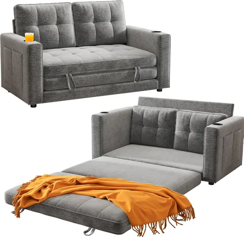 WorthFurni Sofá Cama Convertible, Sofá Cama Plegable 2 en 1, Loveseat Sofá Cama Extraíble, Sofá Cama de Piso para Espacios Pequeños, Sofá Cama Gris