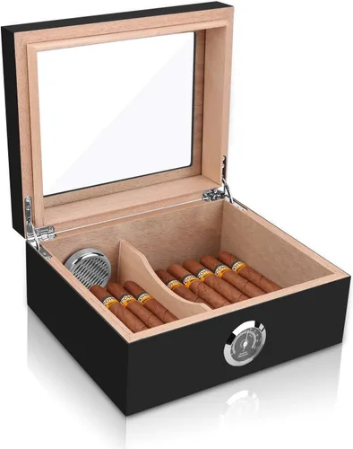 Miniatura 11 de Bald Eagle Humidor de puros, caja superior de vidrio con higrómetro humidificador, caja de madera de cedro de escritorio hecha a mano con capacidad