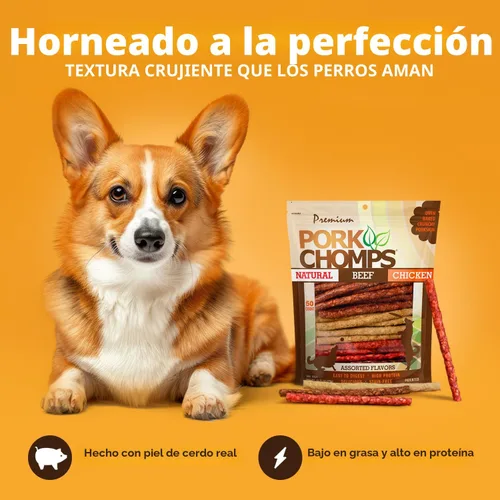Miniatura 2 de Pork Chomps Masticables para perros, 5 pulgadas, 50 unidades, sabores variados: cerdo asado, pollo y tocino, golosinas de larga duración
