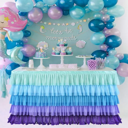 Miniatura 24 de Falda de mesa azul tutú mantel para fiesta bajo el mar decoraciones de Frozen revelación de género cumpleaños elefante baby shower 1.8m (6 pies)