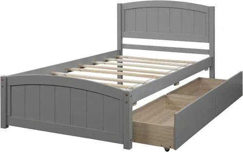 Miniatura 3 de Cama de plataforma de tamaño individual con cajones, marcos de cama individual de madera con cabecero, estribo y soporte de tablillas, color gris