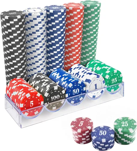 Miniatura 8 de 100 fichas de póquer profesional con caja de almacenamiento, juego de fichas de póquer de casino de 5 colores, fichas de póquer de casino compuestas