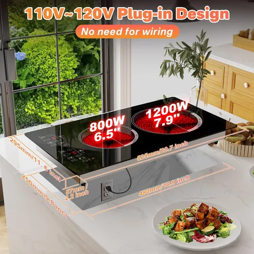 Miniatura 2 de Placa eléctrica de 2 quemadores de 110 V, quemador de encimera y estufa eléctrica descendente, quemadores eléctricos enchufables para cocinar, placa