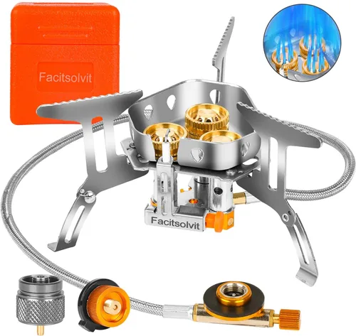 Estufa de gas de campamento resistente al viento de 9900 W, estufa de camping portátil con encendido piezoeléctrico, adaptador de tanque de propano