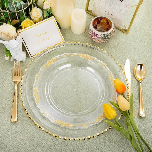 Miniatura 8 de DaYammi 60 piezas de platos de plástico transparente dorado elegantes platos desechables transparentes resistentes premium de 10.25 pulgadas