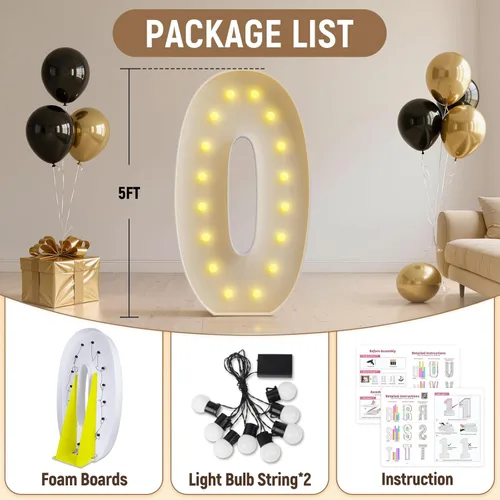 Miniatura 2 de Números de marquesina de 5 pies de alto, números grandes iluminados 0 para 40, 50, 60 cumpleaños, decoración de fiesta de cumpleaños para hombres