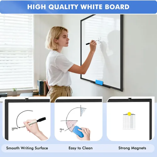 Miniatura 3 de Pizarra blanca de doble cara, marco de aluminio negro, pizarra magnética de borrado en seco de 24 x 18 pulgadas para pared, pizarra blanca montada