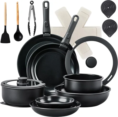 Bonnlo Juego de 23 utensilios de cocina antiadherentes, juego de ollas y sartenes de aluminio fundido con asas extraíbles y desmontables, juego de