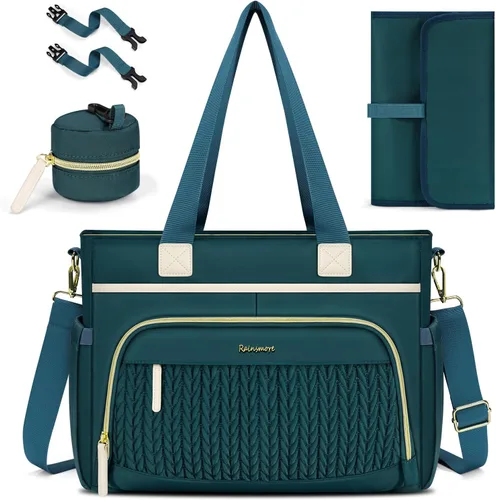 Miniatura 9 de RAINSMORE Bolsa de pañales, bolsa grande para pañales impermeable, bolsa de pañales multifunción con estuche para chupete y cambiador Negro