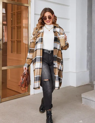 Miniatura 4 de IN'VOLAND Camisas de franela a cuadros de talla grande para mujer, manga larga, con solapa, estilo novio, con botones, chaqueta larga de tartán