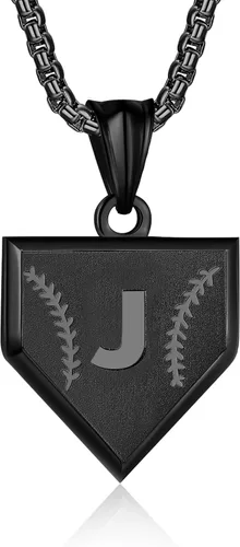Miniatura 57 de Collar con inicial de la A a la Z para niños, de acero inoxidable, con dije de escudo de letra, cadena de 22 + 2 pulgadas, inspirador de béisbol