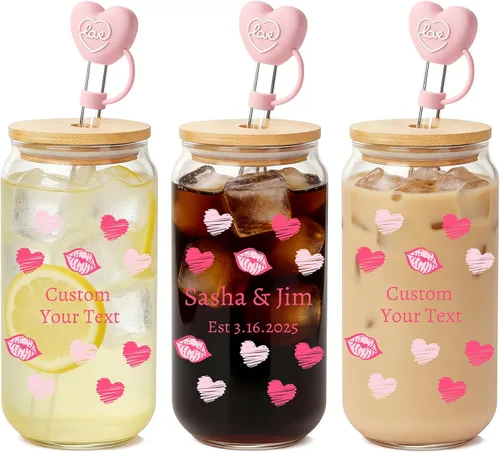 Miniatura 12 de Mason Life Vasos de Café Helado, Tazas de San Valentín Regalos para Ella Mujeres 18 OZ Taza de Corazones Vaso de Cerveza, Vasos para Beber en Pareja