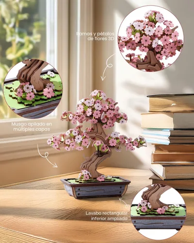 Miniatura 6 de Rolife Rompecabezas de Madera 3D de Flores para Adultos, Plantas de Árbol Bonsái Sakura DIY para Decoración de Mesa del Hogar, Manualidades