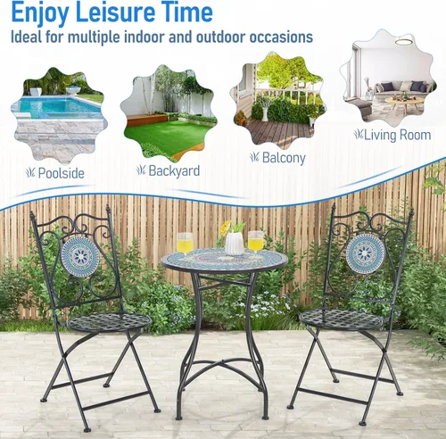 Miniatura 7 de Giantex Juego de 2 sillas plegables para patio, sillas bistró de mosaico con respaldo y asiento redondo, marco de metal resistente, capacidad de 330