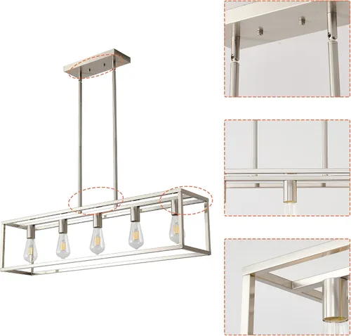 Miniatura 7 de 5 luces de isla de iluminación de níquel cepillado para comedor, lámpara colgante de granja moderna isla de cocina, iluminación lineal de granja