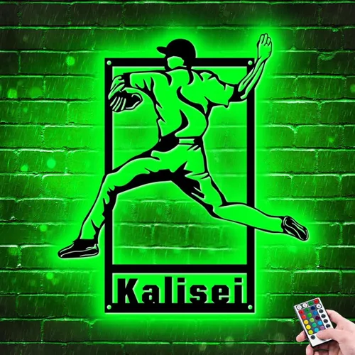 Miniatura 16 de Letrero de metal personalizado para jugador de béisbol con luz LED, nombre y número personalizado, arte de pared de béisbol, letrero de neón