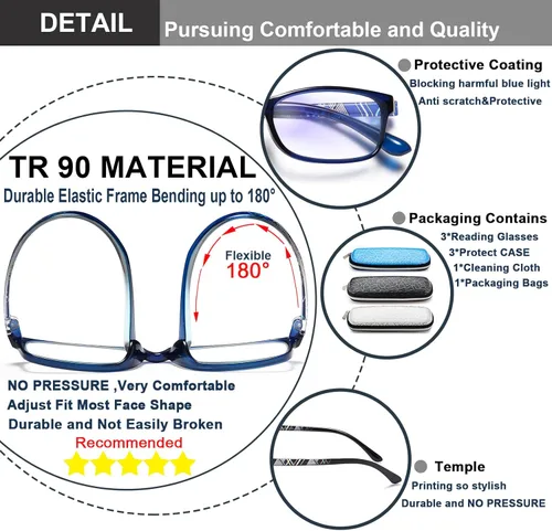 Miniatura 4 de EYEURL Lentes de lectura para mujeres y hombres, bloqueo de luz azul, 0.00 anti fatiga ocular, TR90 lentes de marco rectangular ultraligero