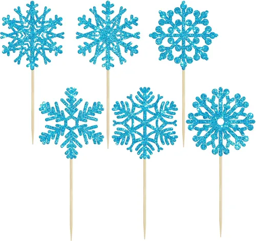Miniatura 4 de 24 piezas de adornos para cupcakes de copo de nieve, copo de nieve azul con purpurina, adornos para cupcakes de invierno, adornos para pasteles