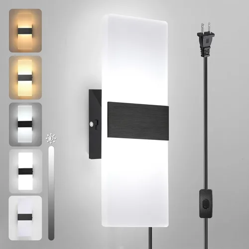 TRLIFE Lámpara de pared LED moderna, ajustable 4 temperaturas de color 12W lámpara de pared moderna enchufe, luz de pared acrílica montada en la