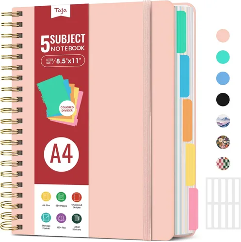 Cuadernos de diario en espiral de tapa dura para el trabajo con divisores y pestañas removibles, de 8.5"x11", cuaderno de 5 divisiones para tomar