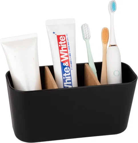 Miniatura 12 de Portacepillos de dientes para baños, soporte para cepillos de dientes de bambú con 5 ranuras, organizador de tocador de baño para encimera