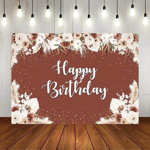 Miniatura 5 de Mocsicka Telón de fondo de vinilo de feliz cumpleaños dorado borgoña para niñas, bohemio, hierba de las pampas, puntos dorados, fondo de fotografía