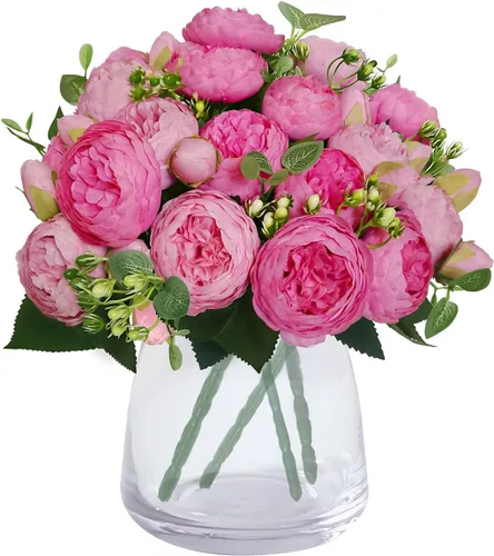 Miniatura 7 de 4 racimos de flores artificiales de peonías de seda de 20 cabezas, flores falsas para decoración del hogar, ventana, boda, fiesta (rosa), jarrón