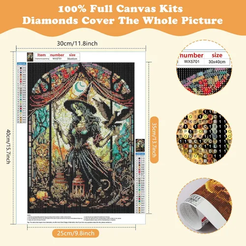 Miniatura 2 de SENQAO Pinturas de diamantes de bruja 5D para adultos, pinturas de puntos de diamante de perforación completa de vidrieras, pintura redonda de gato